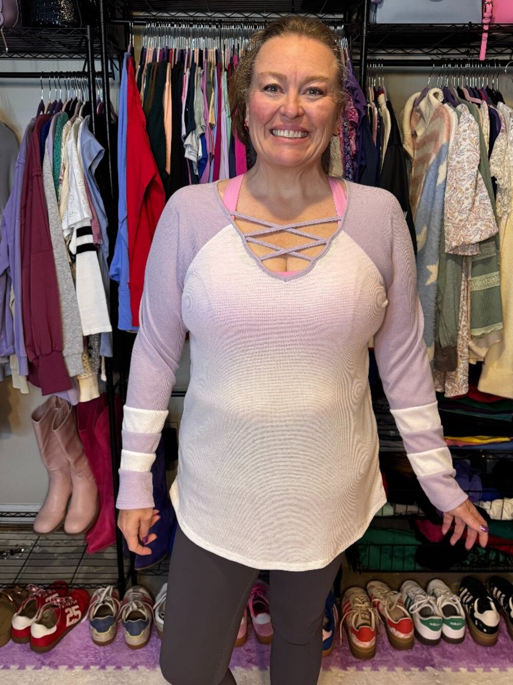 Lovely Melody - Crisscross Raglan Long Sleeve Shirt - White, Lavender - XL - NWT